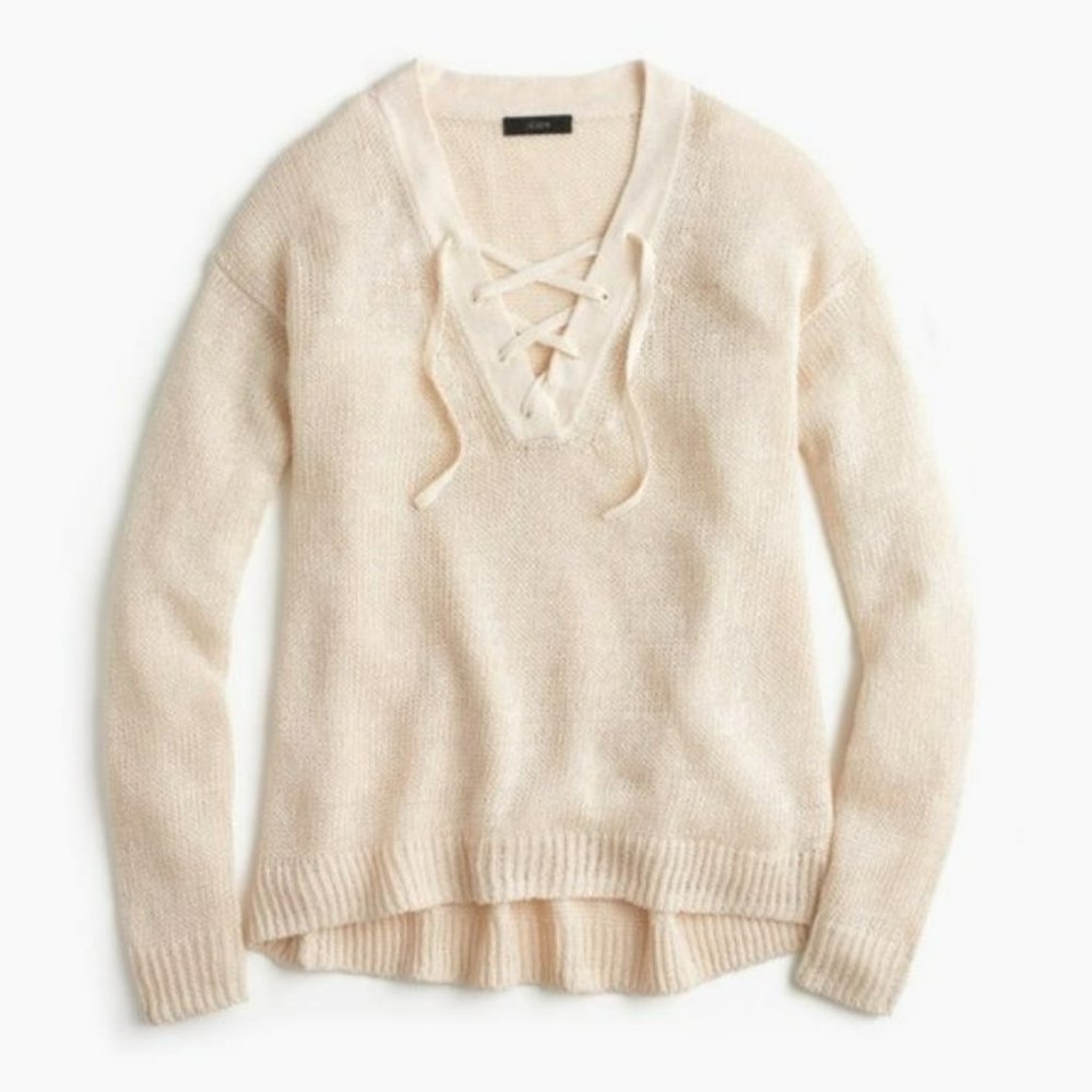 J.Crew Linen Lace Up Long Sleeve Pullover Ivory XS